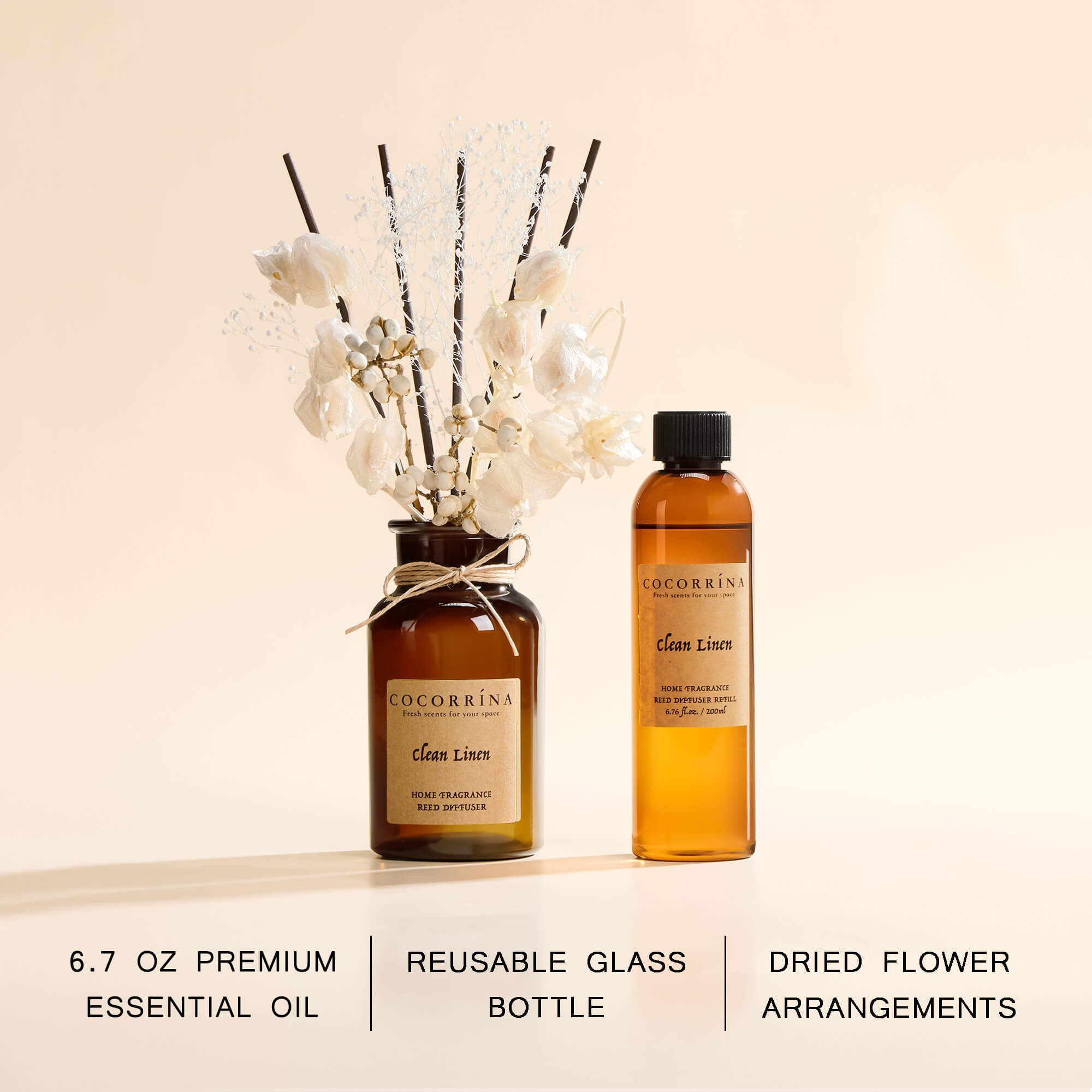 COCORRÍNA Clean Linen Brown Bottle Reed Diffuser Set