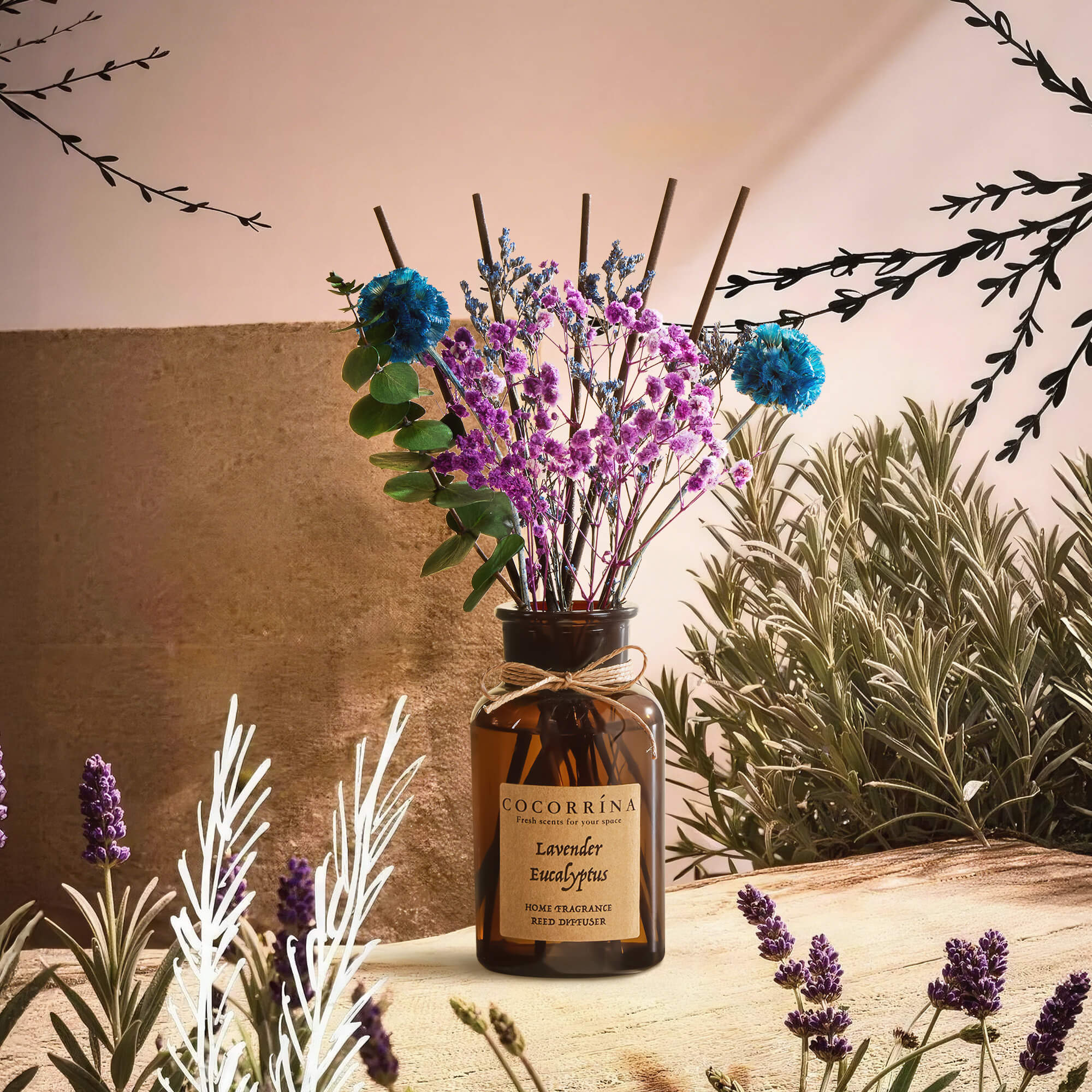 COCORRÍNA Lavender & Eucalyptus Brown Bottle Reed Diffuser Set