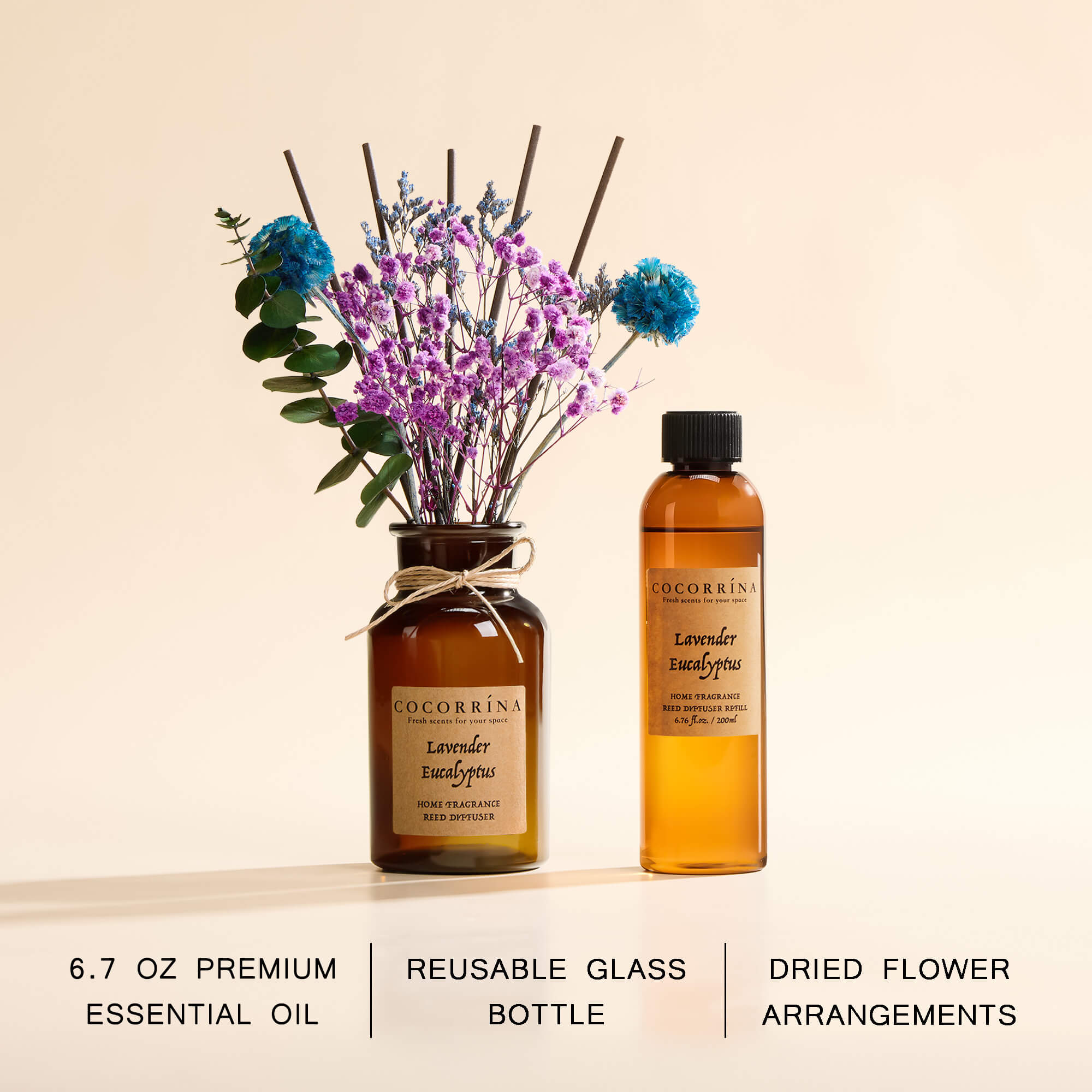 COCORRÍNA Lavender & Eucalyptus Brown Bottle Reed Diffuser Set