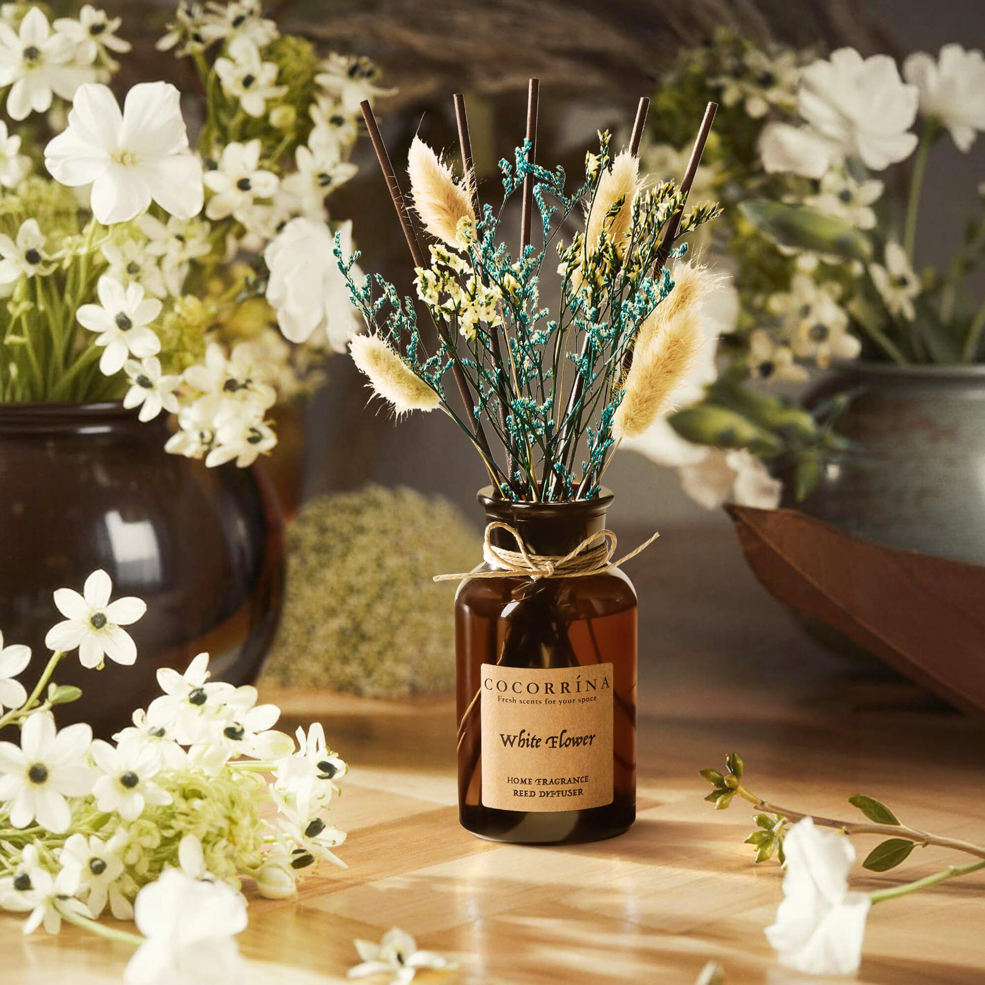 COCORRÍNA White Flower Brown Bottle Reed Diffuser Set