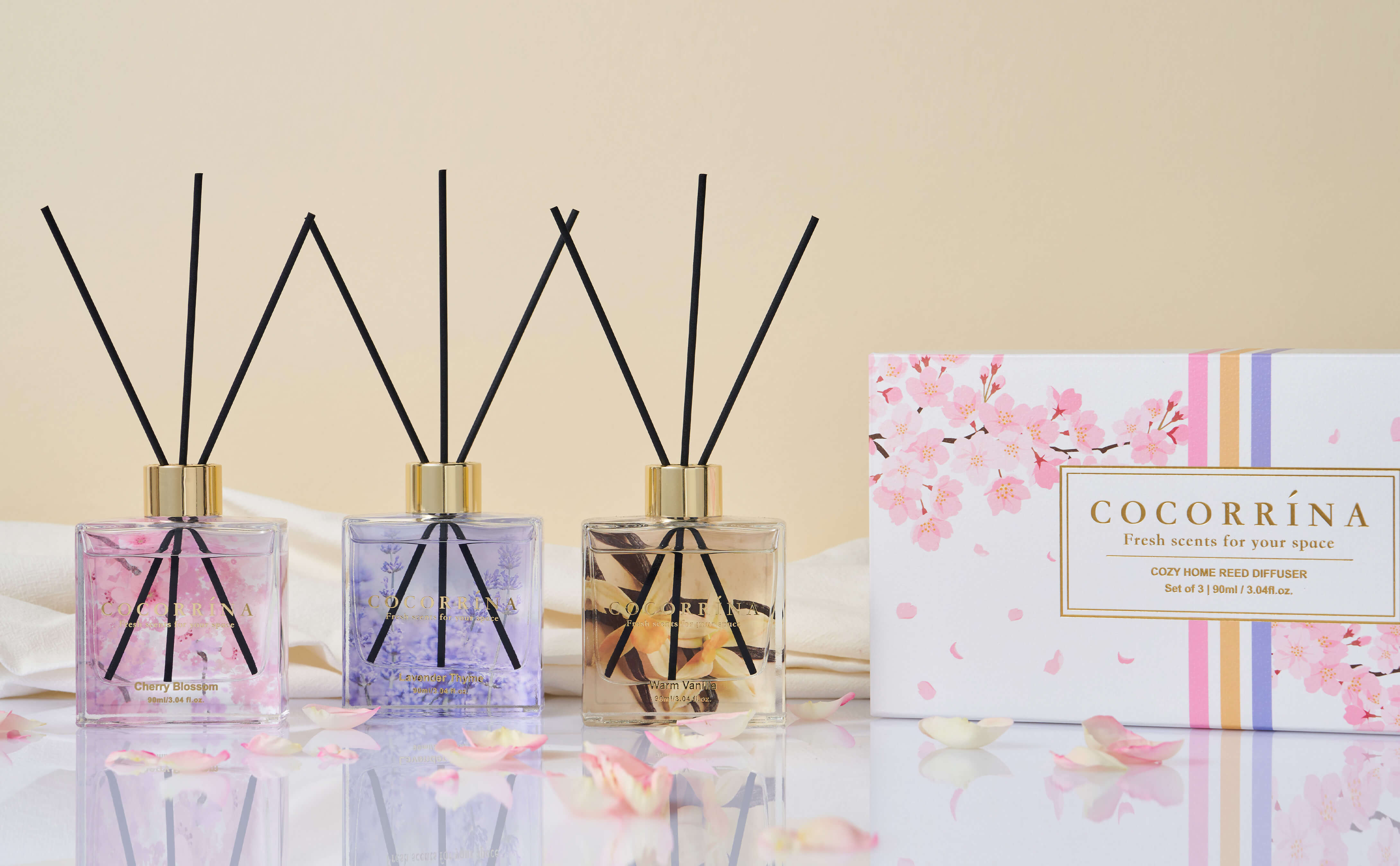 COCORRÍNA Reed Diffuser Set of 3-3 Pack/ 3.04 Fl.oz Diffuser with 24 Sticks Warm Vanilla/Cherry Blossom/Lavender Thyme Reed Diffuser for Home Bathroom Office Shelf Decor