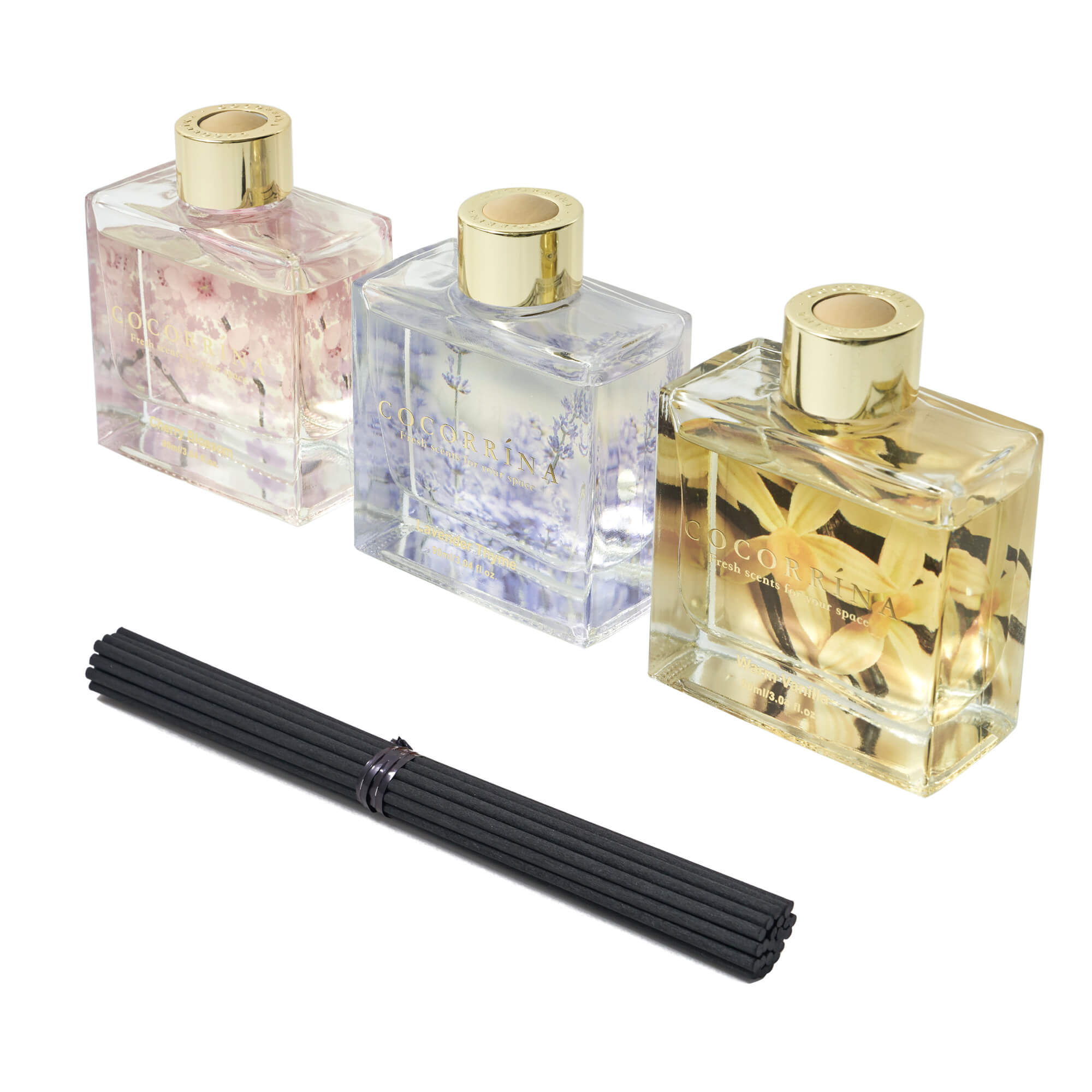 COCORRÍNA Reed Difusor Set de 3-3 unidades/3,04 Fl.oz Difusor con 24 palos Warm Vanilla/Cherry Blossom/Lavender Thyme Reed Difusor para el hogar Baño Oficina Estante Decoración