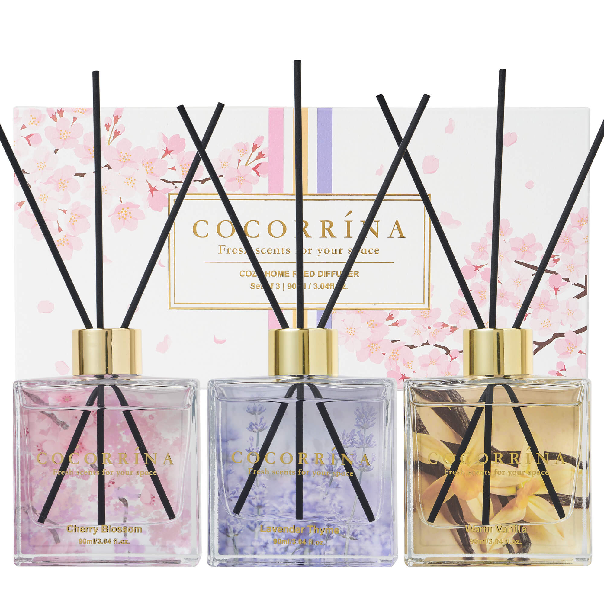 COCORRÍNA Reed Difusor Set de 3-3 unidades/3,04 Fl.oz Difusor con 24 palos Warm Vanilla/Cherry Blossom/Lavender Thyme Reed Difusor para el hogar Baño Oficina Estante Decoración