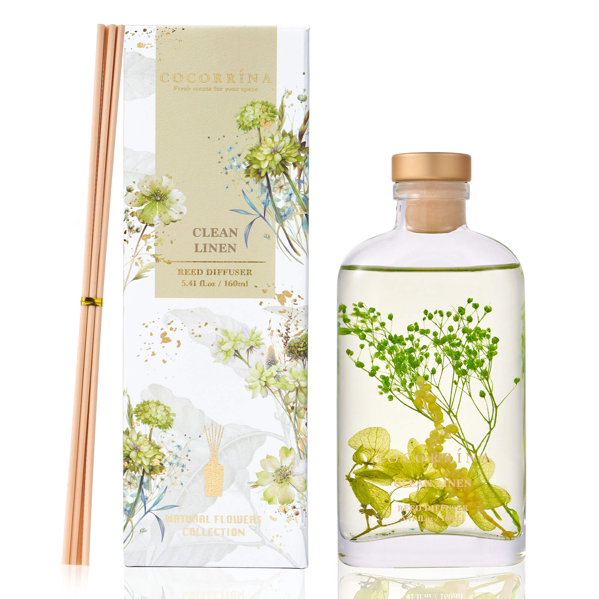 COCORRÍNA Clean Linen Scented Blooms Series Reed Diffuser Set