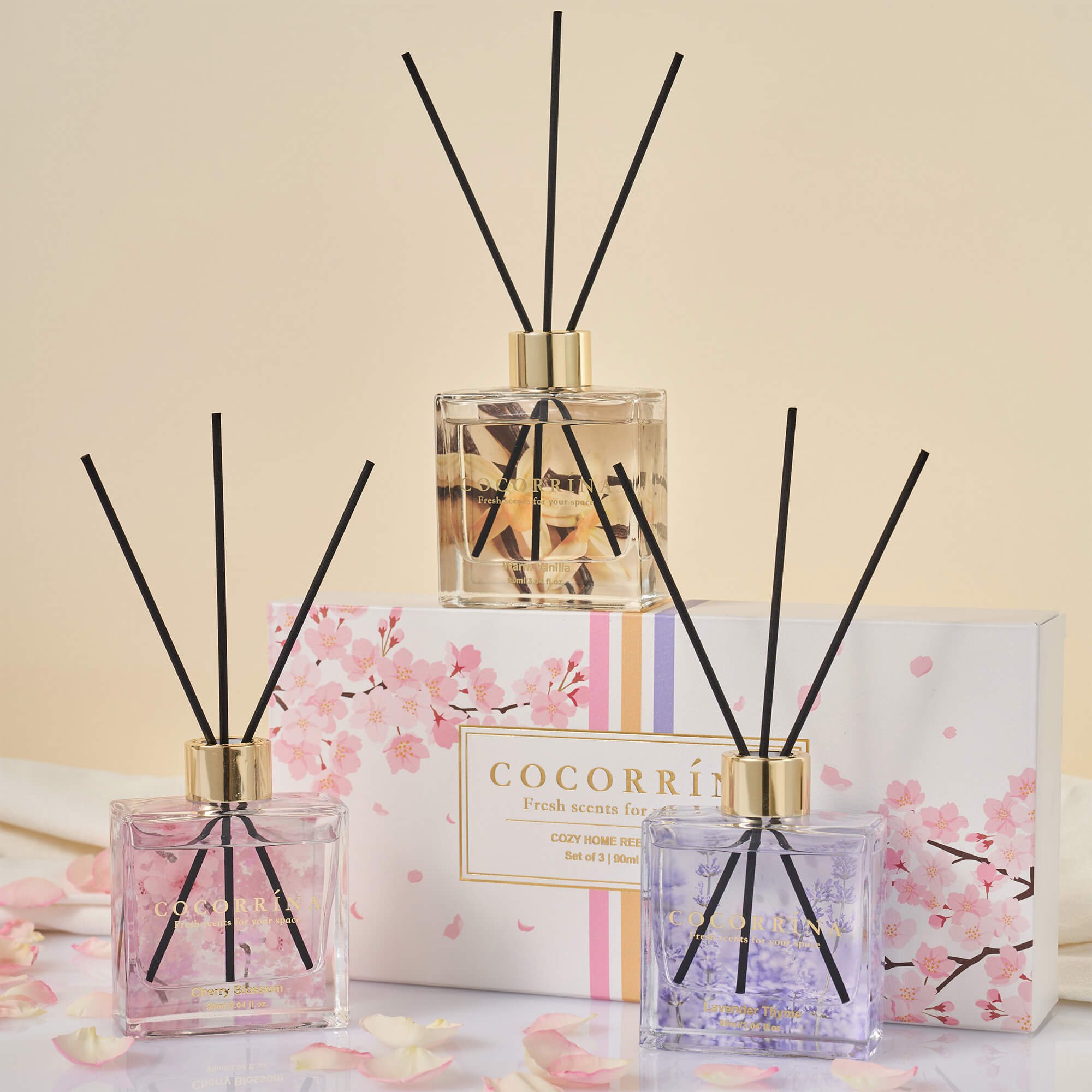 COCORRÍNA Reed Diffusor Set von 3-3 Pack/3,04 Fl.oz Diffusor mit 24 Sticks warme Vanille/Kirschblüte/Lavendel Thymian Reed Diffusor für Heim Badezimmer Büro Regal Dekor