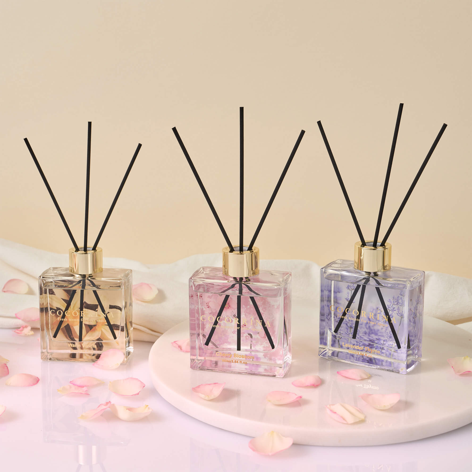 COCORRÍNA Reed Diffuser Set of 3-3 Pack/ 3.04 Fl.oz Diffuser with 24 Sticks Warm Vanilla/Cherry Blossom/Lavender Thyme Reed Diffuser for Home Bathroom Office Shelf Decor