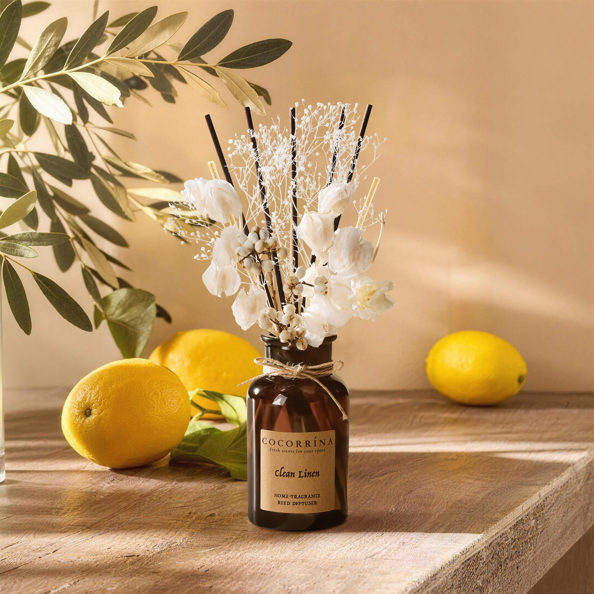 COCORRÍNA Juego de difusores de varillas en botella marrón de lino limpio
